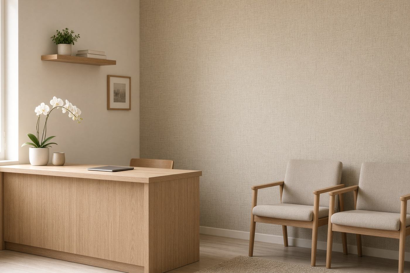 A small clinic reception with pale oak, an orchid, and empty chairs in morning light.
