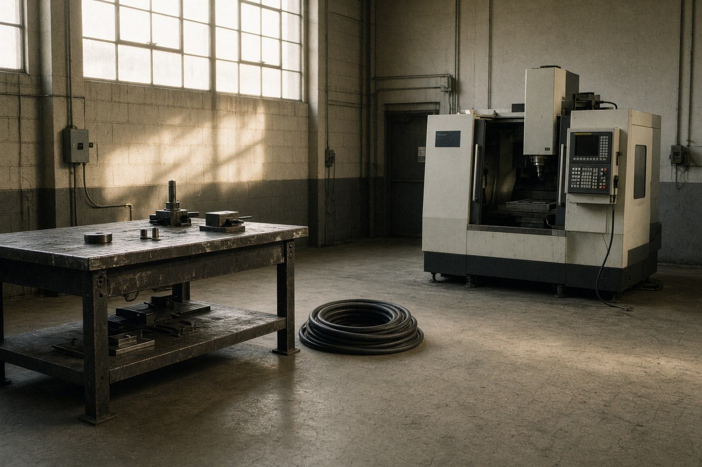 A clean manufacturing floor with a machine, a steel bench, and morning light from high windows.