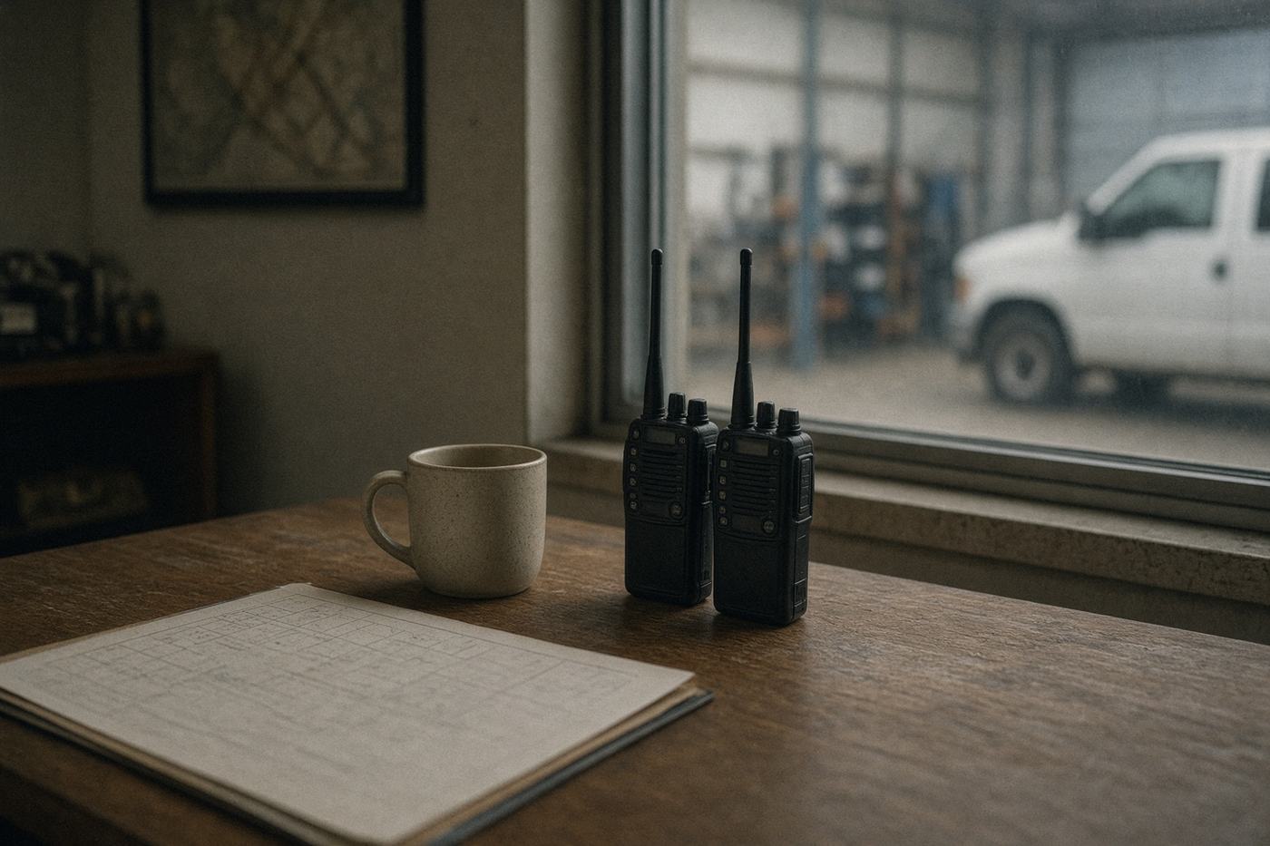 An operations desk at dawn with radios, a mug, and a window onto an equipment bay.